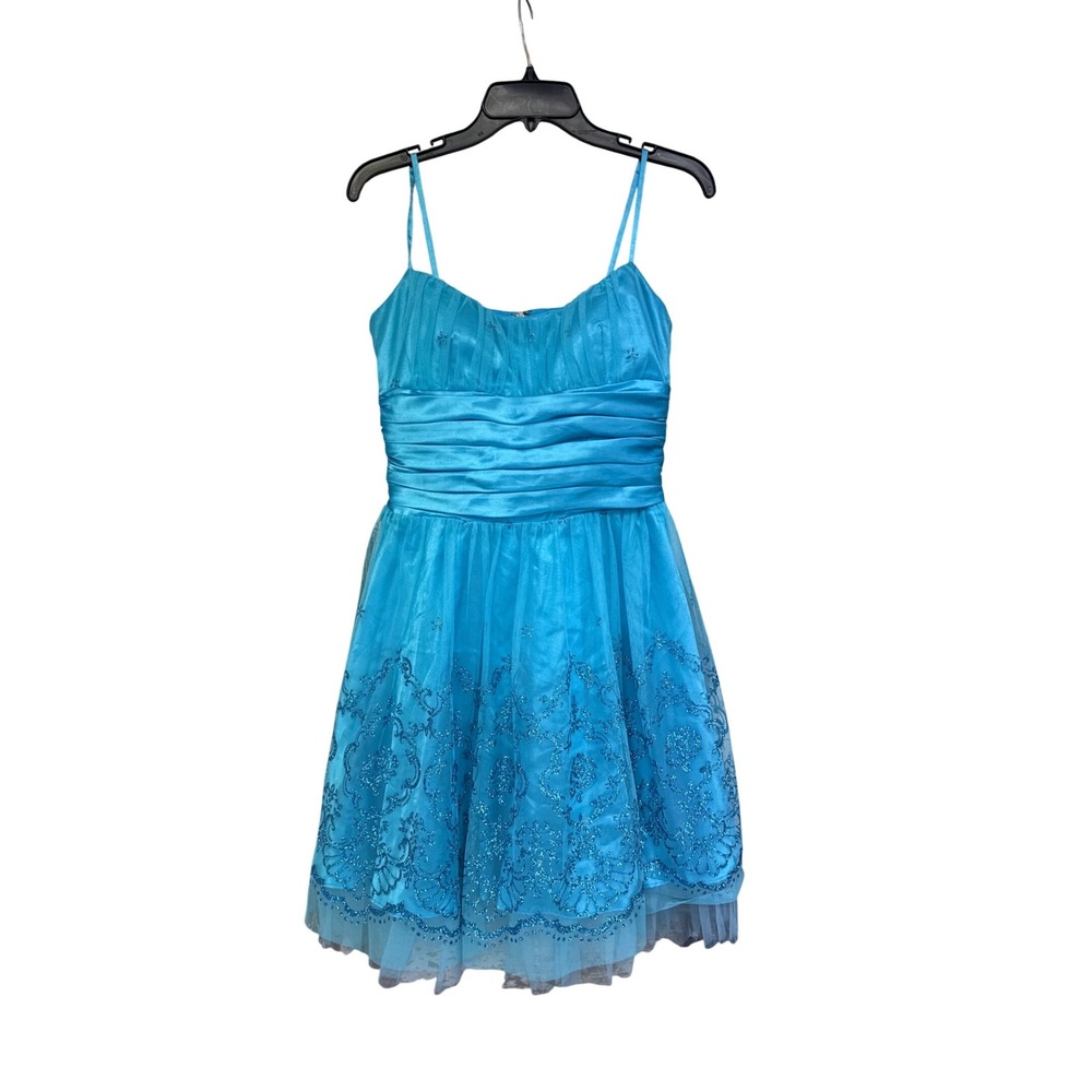 Jump Apparel Womens Turquoise Blue Glitter Tulle Party Dress Size 7/8 Homecoming